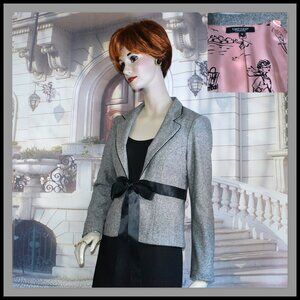 Karen Kane Lifestyle Blazer Sz 4 Black White Tweed Black Piping/Tie Pink Lining